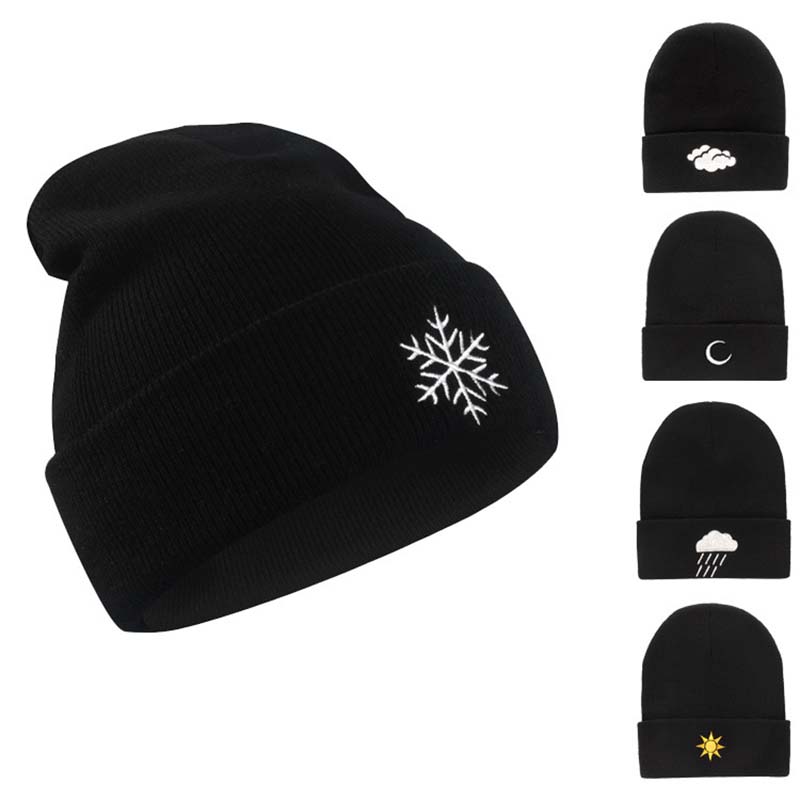 여성을 위한 새로운 겨울 모자, 남성 비니 자수 날씨 태양 구름 눈송이 니트 모자, 여자 따뜻한 보닛 힙합 모자